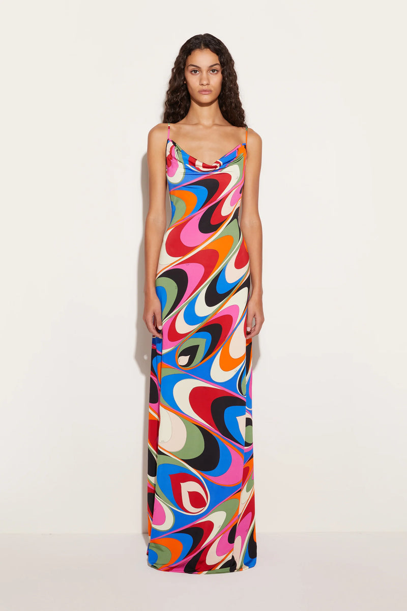 Onde-Print Cowl-Neck Long Dress