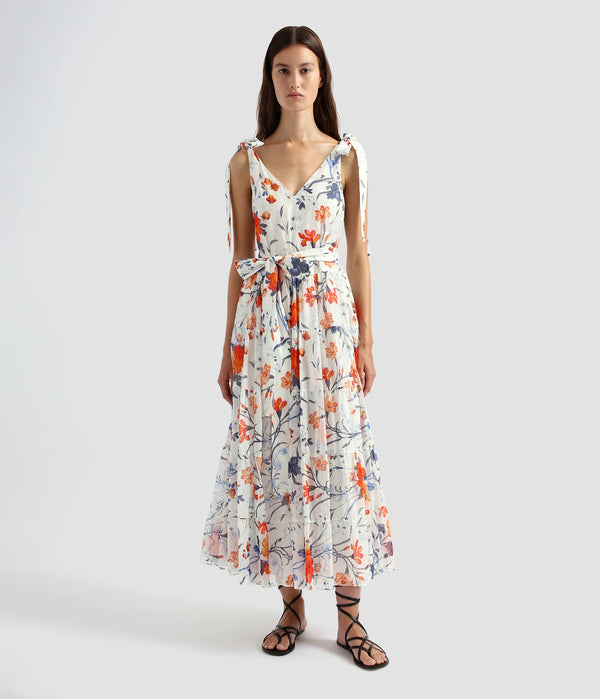 Tie Detail Cotton and Silk Floral Midi Dress