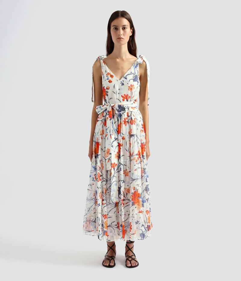 Tie Detail Cotton and Silk Floral Midi Dress