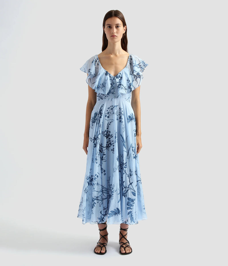 Ruffle Neck Detail Cotton and Silk Midi Dress