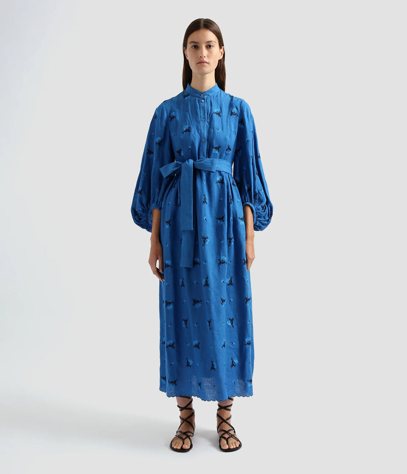 Long Sleeve Linen Floral Embroidered Dress