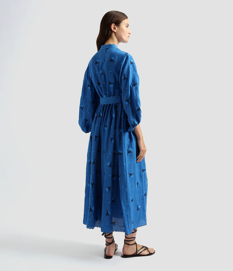 Long Sleeve Linen Floral Embroidered Dress