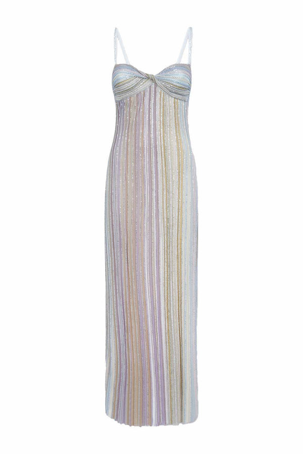 Sequin-Embellished Striped Crochet-Knit Maxi Dress