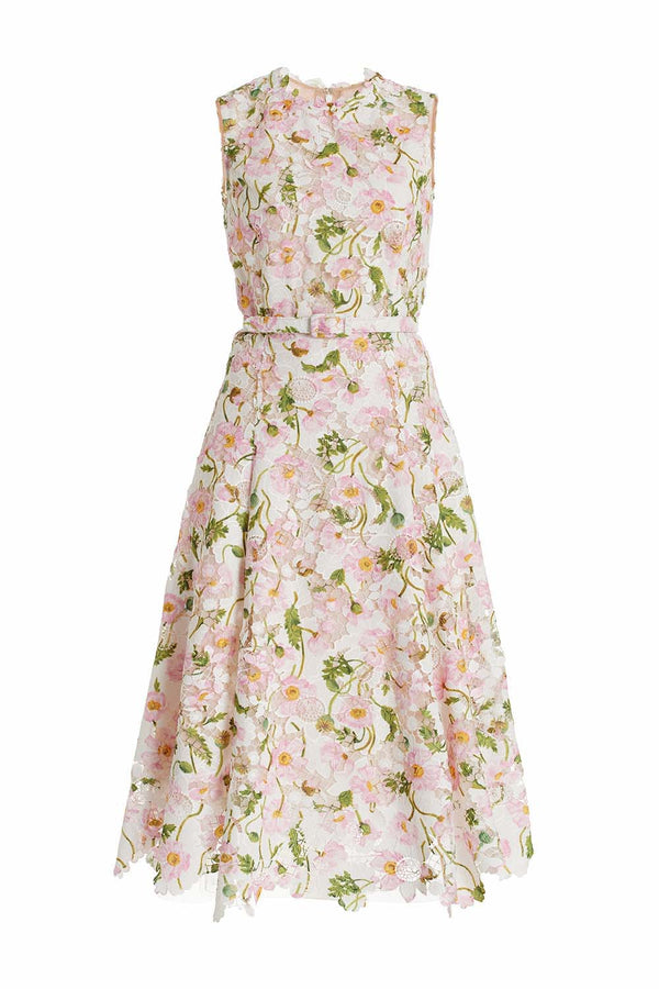 Painted Poppies Botanical Guipure Lace A-Line Dress with Self Belt