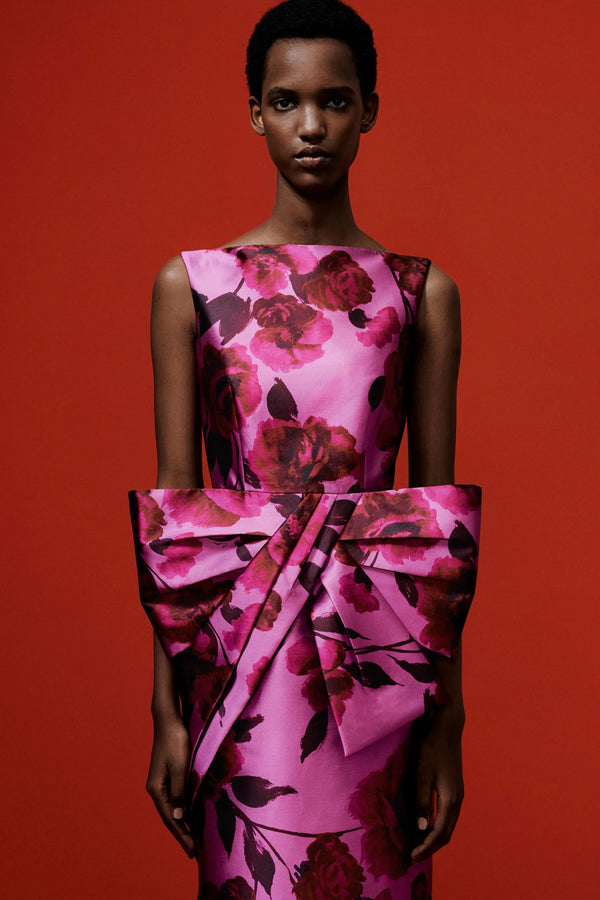 Bow Detail Floral Satin Sheath Dress