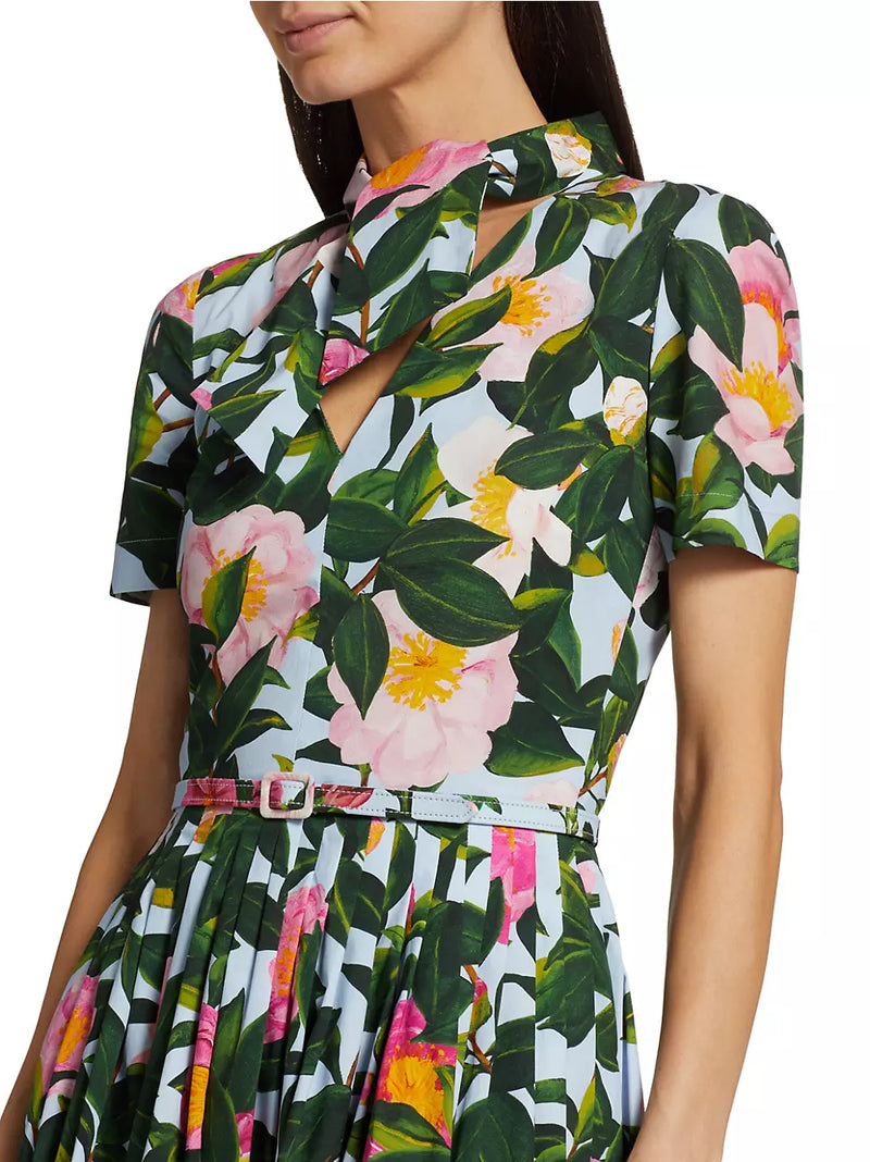 Short Sleeve V-Neck Tie Detail Camellias Cotton Dress