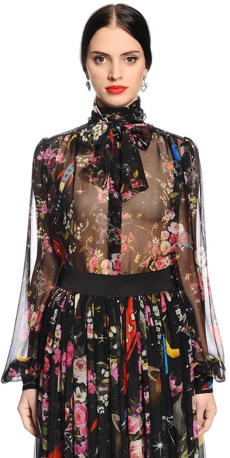 Space and Flowers Print Chiffon Skirt