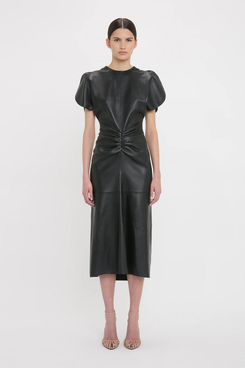 Gathered Leather Midi Dress
