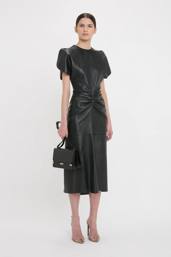 Gathered Leather Midi Dress