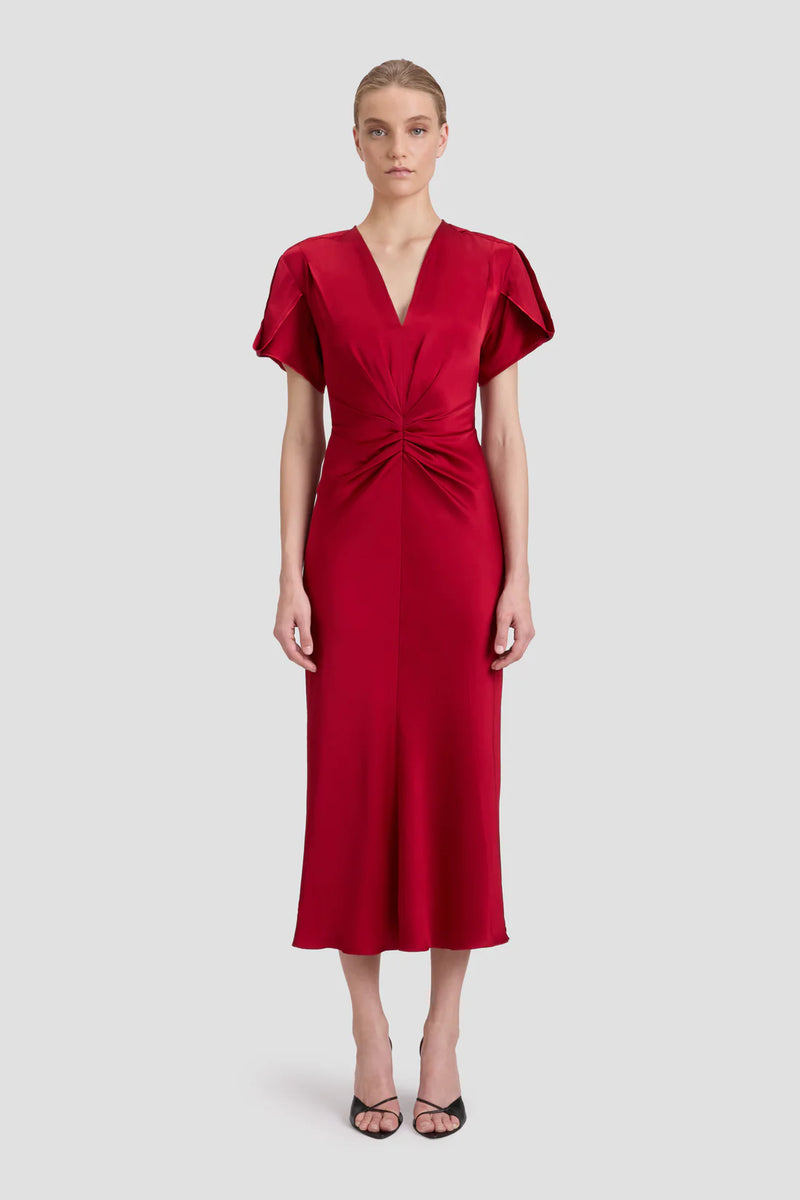 Gathered Waist V-Neck Midi Dress