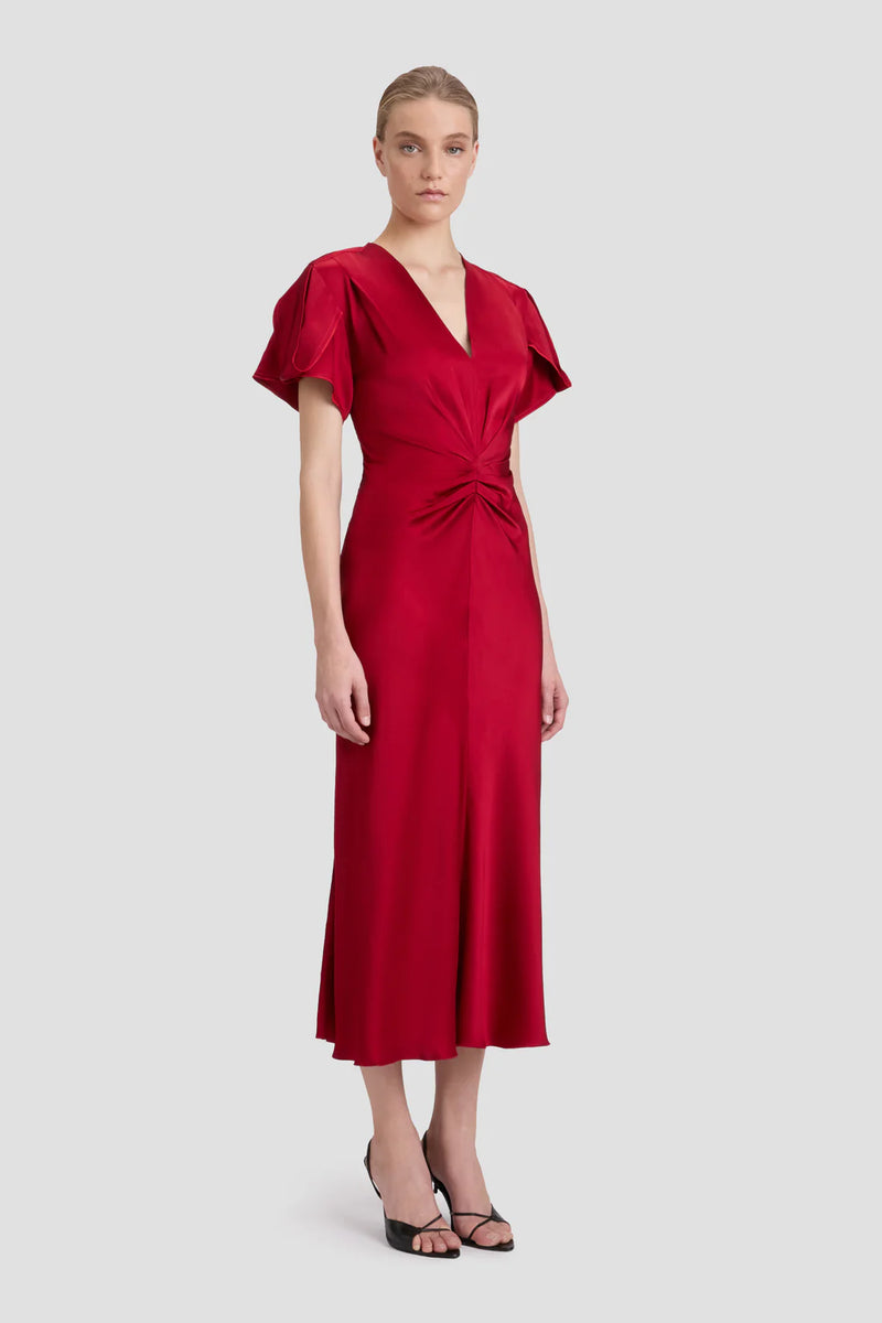 Gathered Waist V-Neck Midi Dress