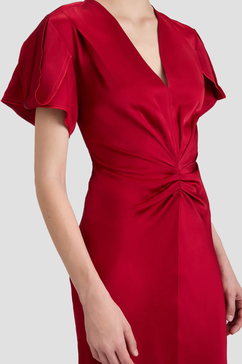 Gathered Waist V-Neck Midi Dress