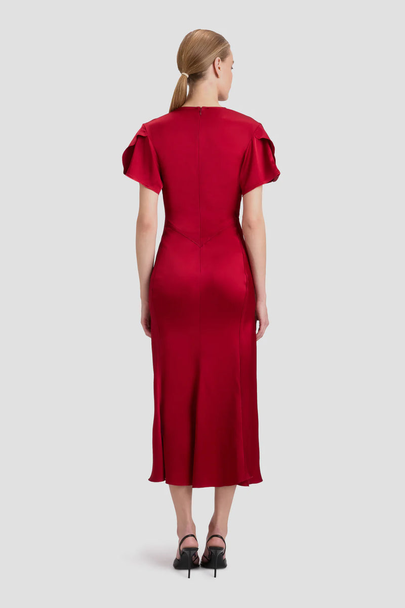 Gathered Waist V-Neck Midi Dress