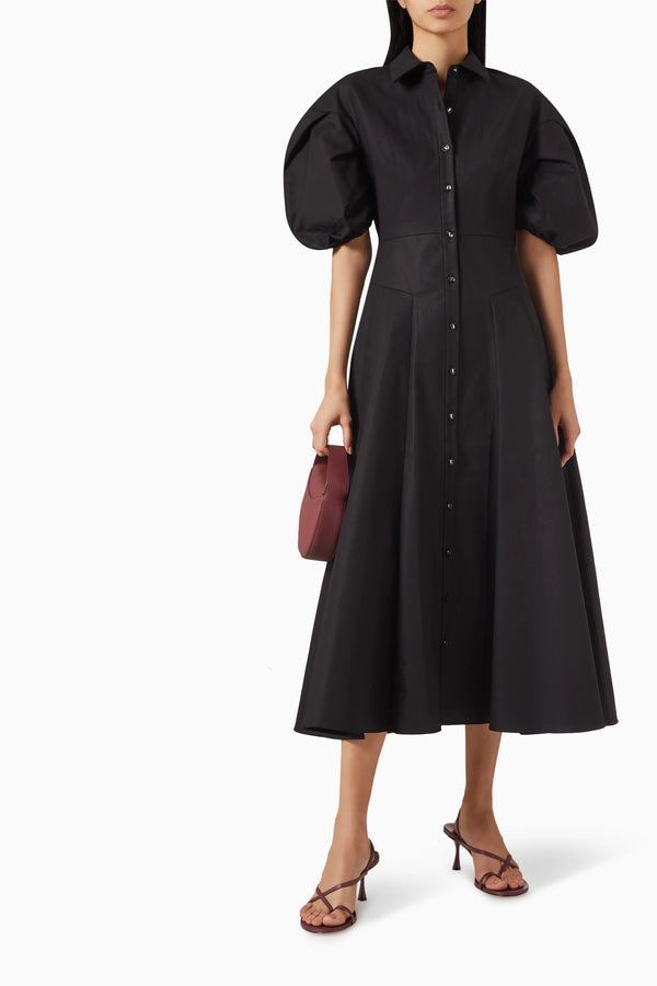 Amilya Puff Sleeve Stretch Cotton Midi Shirt Dress