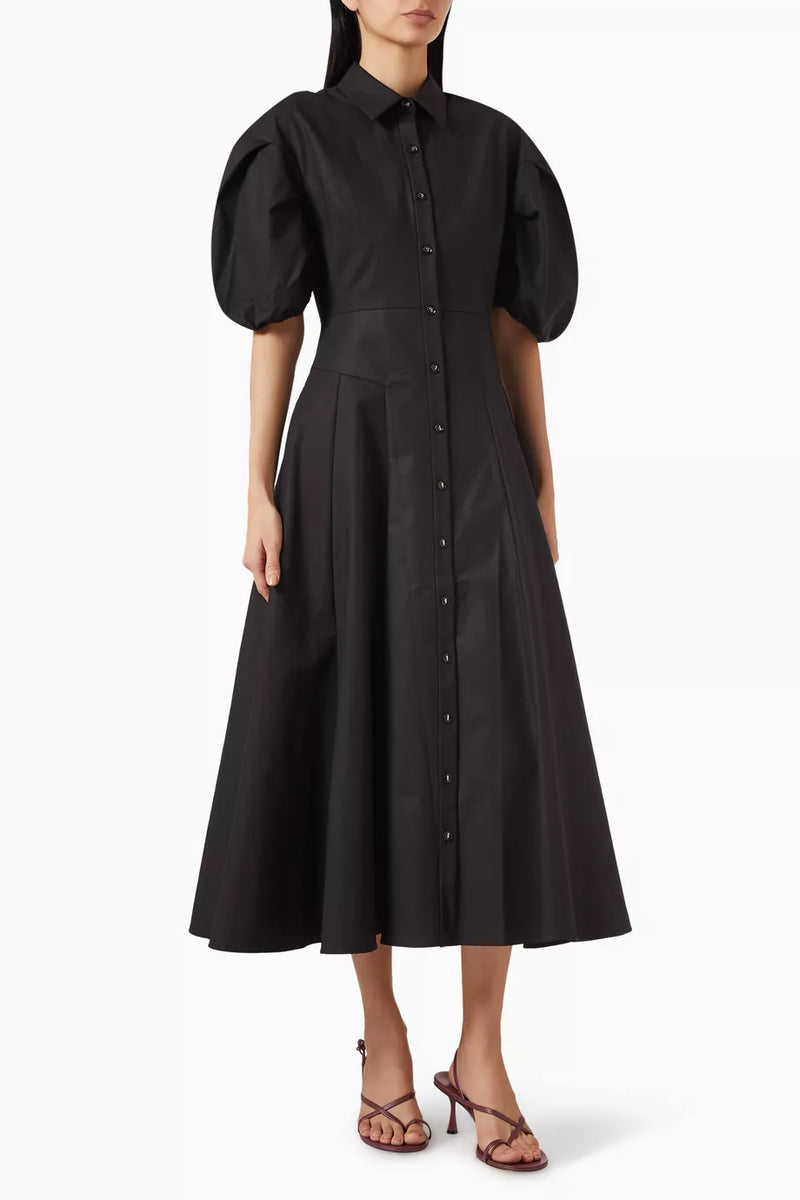 Amilya Puff Sleeve Stretch Cotton Midi Shirt Dress