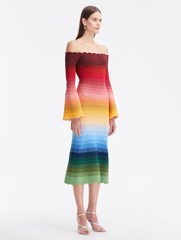 Off-The-Shoulder Striped Crocheted Cotton Midi Dress