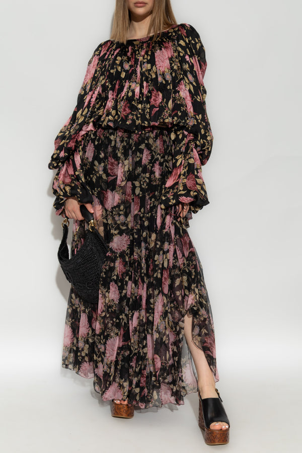 Floral Print Silk Mousseline Gathered Maxi Skirt