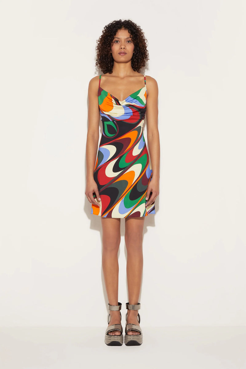 Onde-Print Cowl-Neck Mini Dress