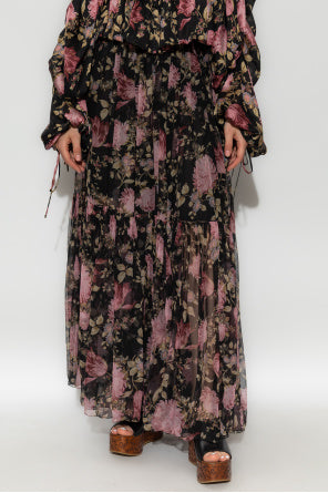 Floral Print Silk Mousseline Gathered Maxi Skirt