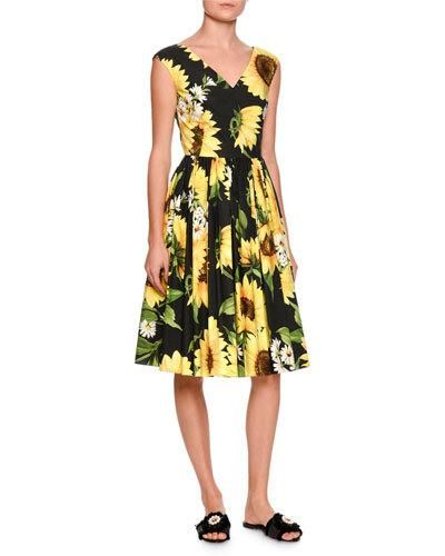 Sunflower-Print Sleeveless A-Line Dress