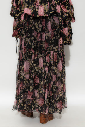 Floral Print Silk Mousseline Gathered Maxi Skirt