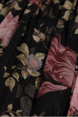 Floral Print Silk Mousseline Gathered Maxi Skirt