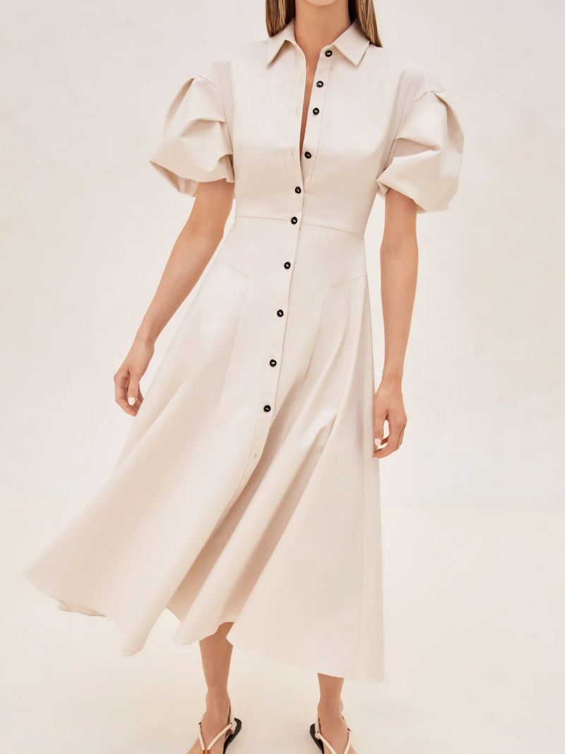 Amilya Puff Sleeve Stretch Cotton Midi Shirt Dress