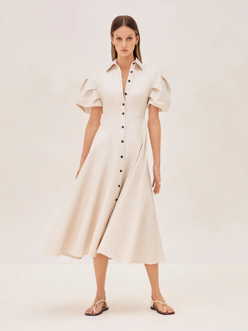 Amilya Puff Sleeve Stretch Cotton Midi Shirt Dress