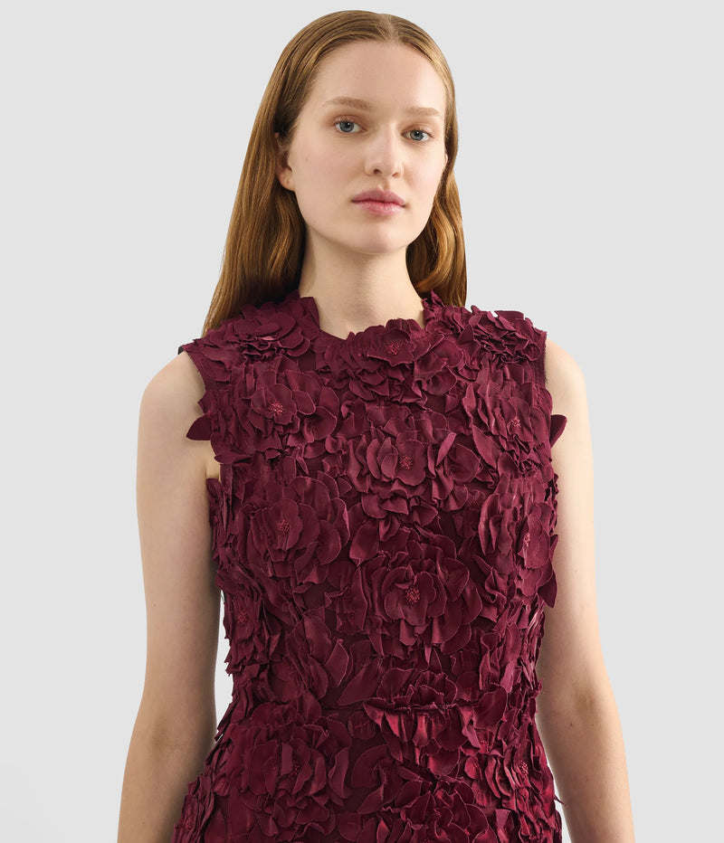 Multi-Dimensional Floral Applique Satin Midi Dress