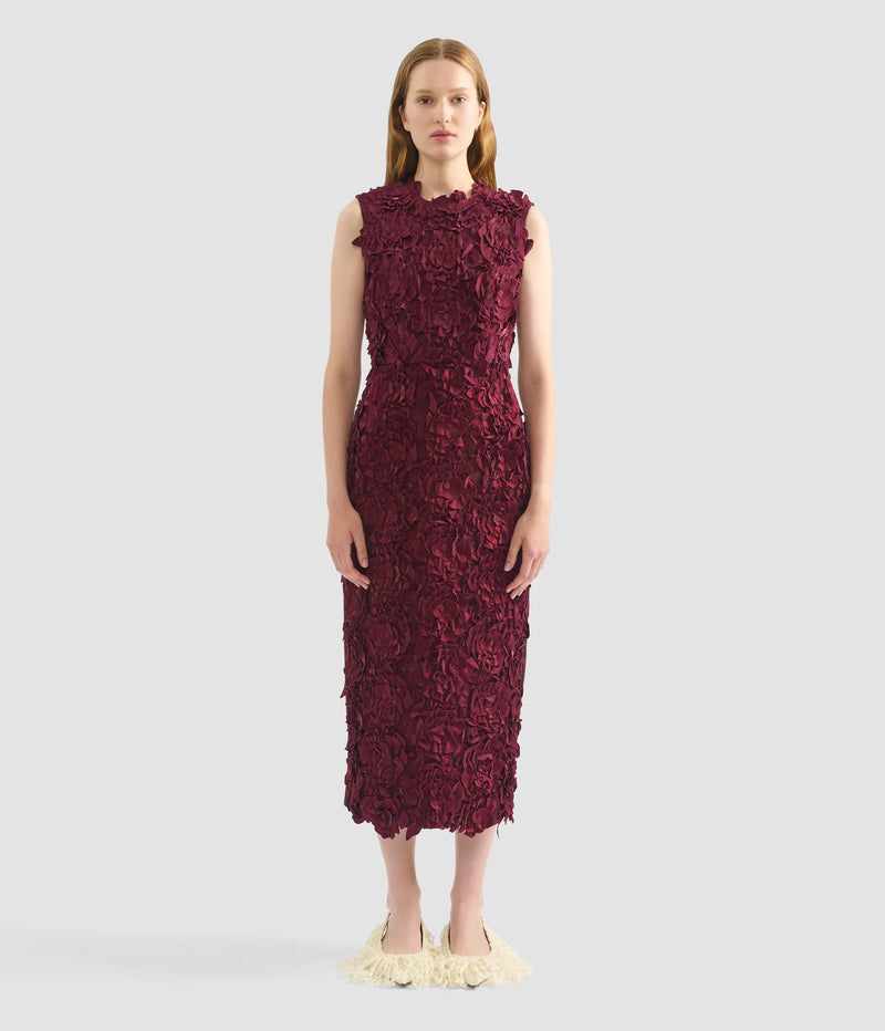 Multi-Dimensional Floral Applique Satin Midi Dress