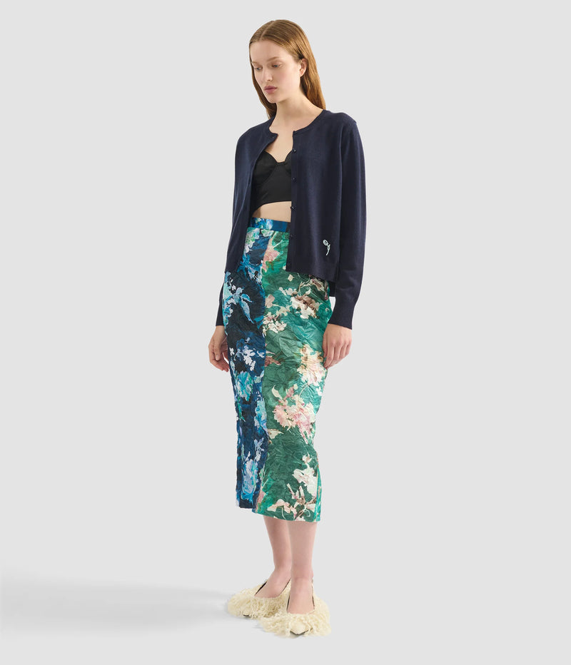 Floral Print Textured Satin Pencil Skirt