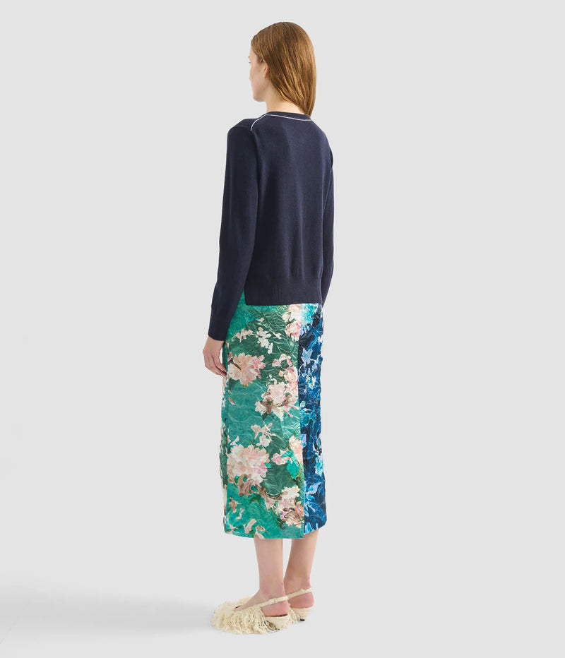Floral Print Textured Satin Pencil Skirt