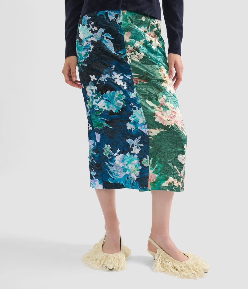 Floral Print Textured Satin Pencil Skirt