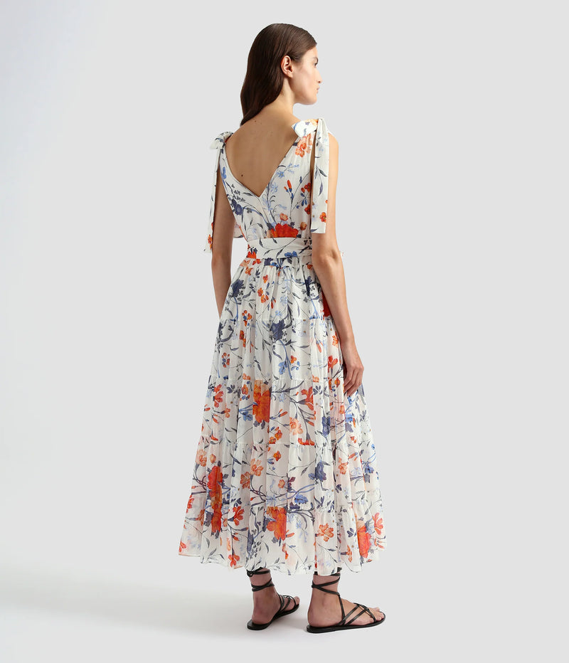 Tie Detail Cotton and Silk Floral Midi Dress