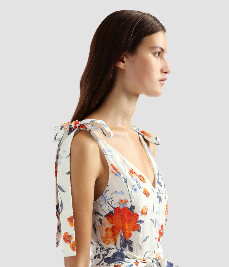 Tie Detail Cotton and Silk Floral Midi Dress