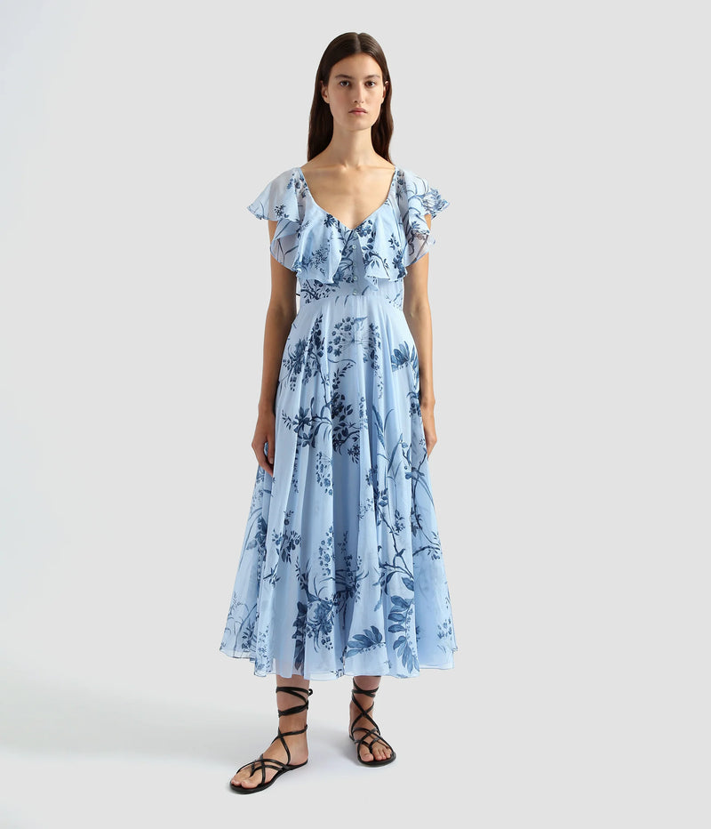 Ruffle Neck Detail Cotton and Silk Midi Dress