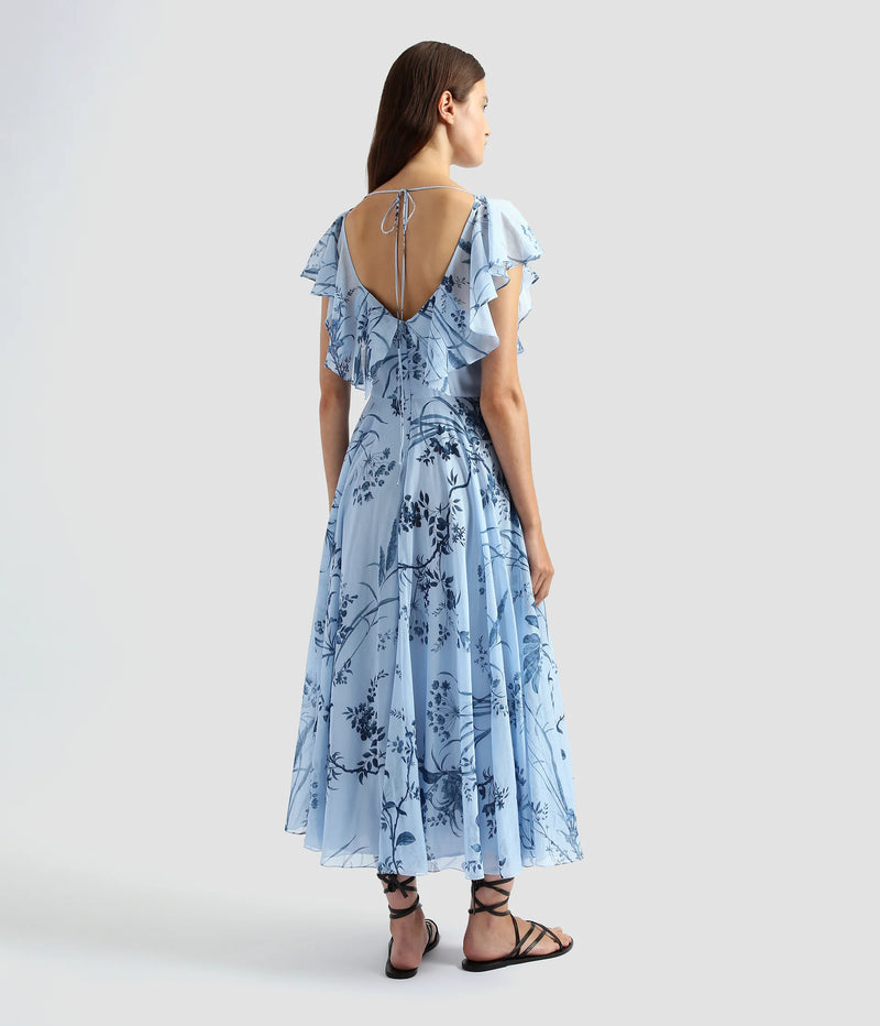 Ruffle Neck Detail Cotton and Silk Midi Dress