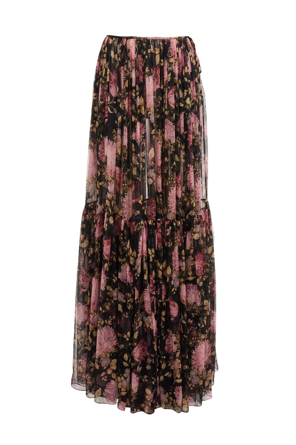 Floral Print Silk Mousseline Gathered Maxi Skirt