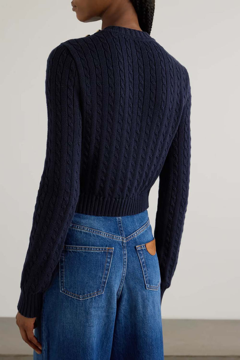 Embellished Cable-Knit Cotton Sweater