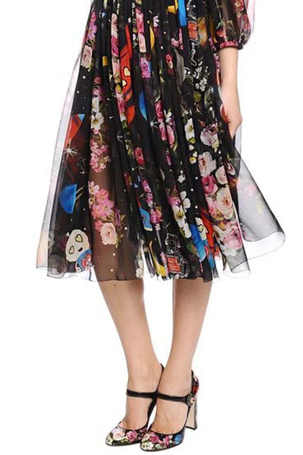 Space and Flowers Print Chiffon Skirt