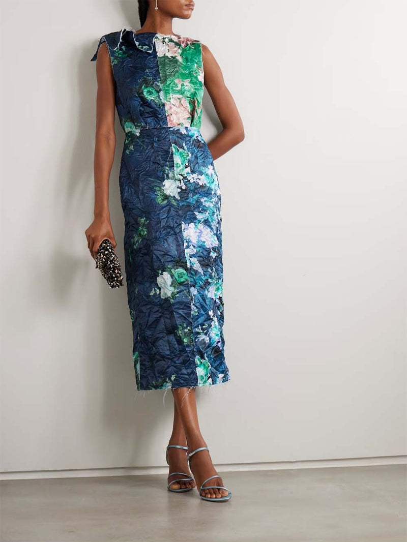 Frayed Floral-print Crinkled-Satin Midi Dress