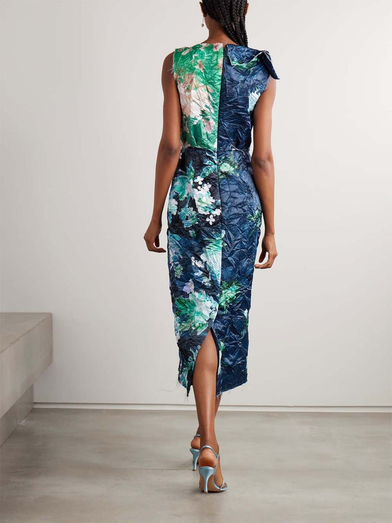 Frayed Floral-print Crinkled-Satin Midi Dress