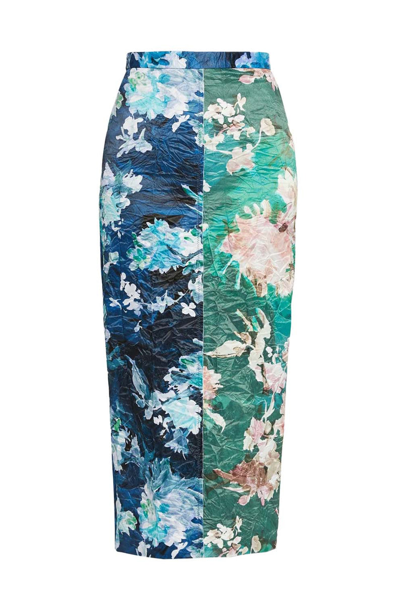 Floral Print Textured Satin Pencil Skirt