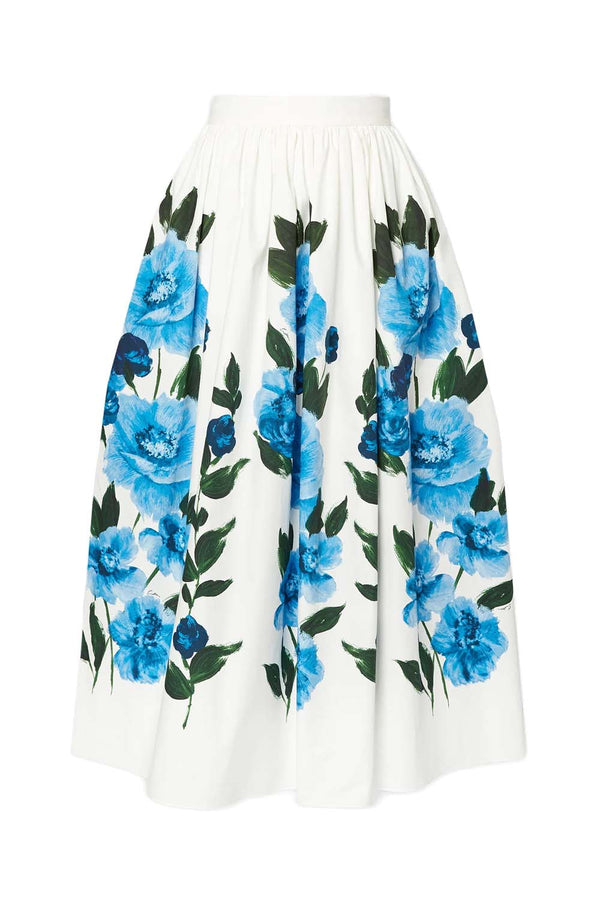 Gathered Floral Cotton-Poplin Midi Skirt
