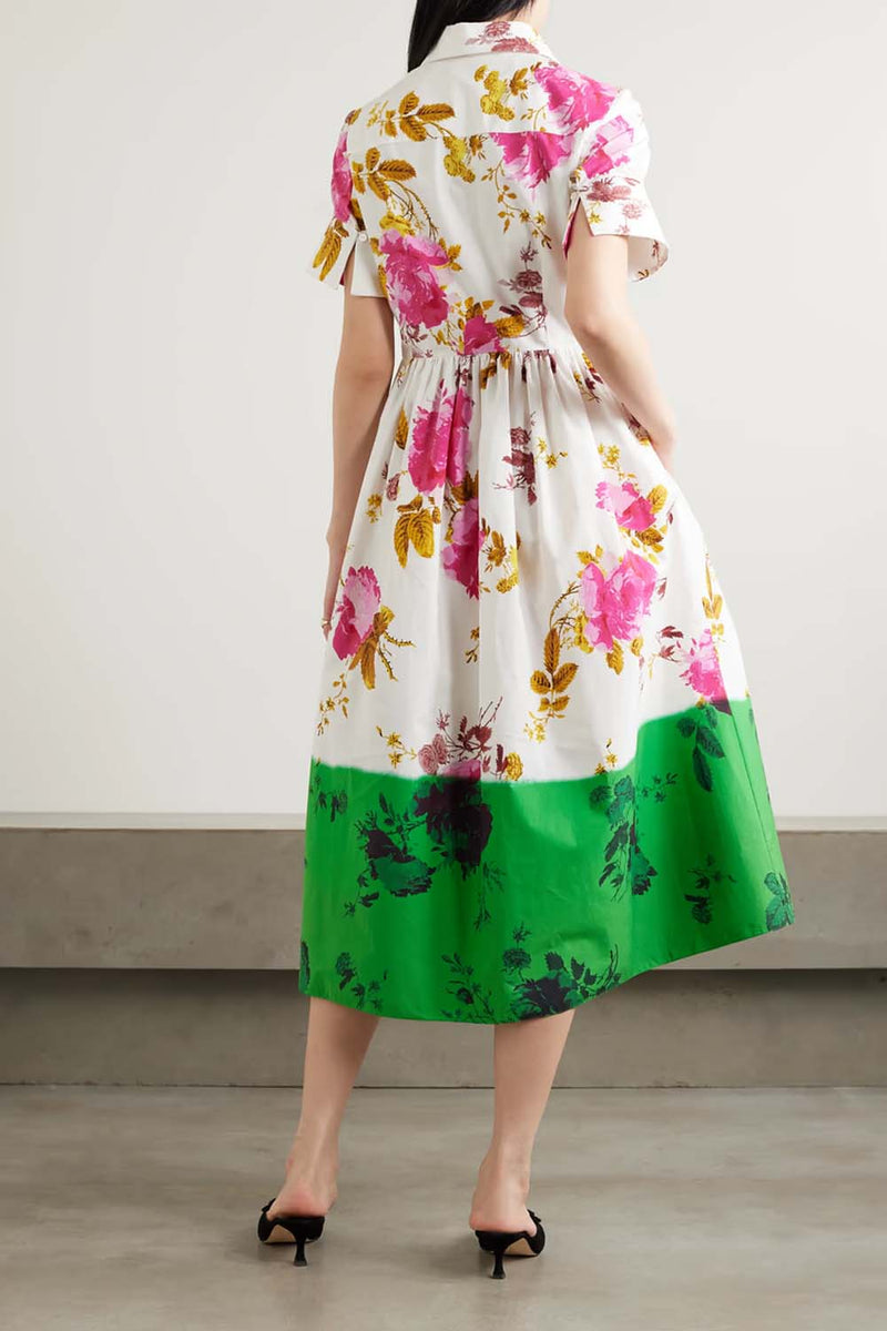 Floral Pleated Cotton Poplin Midi Shirt Dress