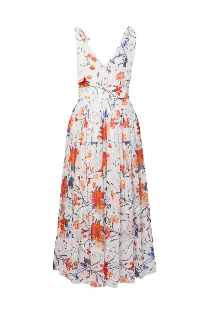 Tie Detail Cotton and Silk Floral Midi Dress