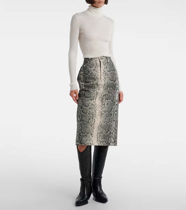 Adalaide Snake-Printed Denim Midi Skirt