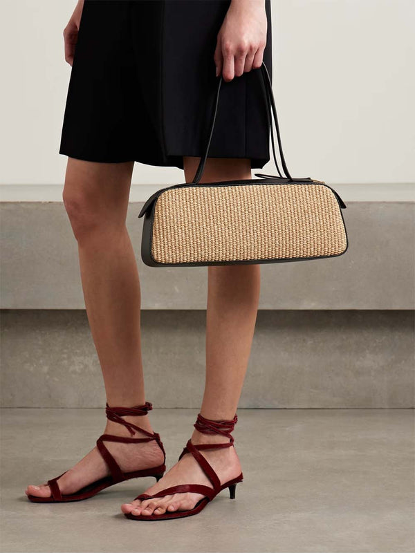Simona Leather-trimmed Raffia Shoulder Bag