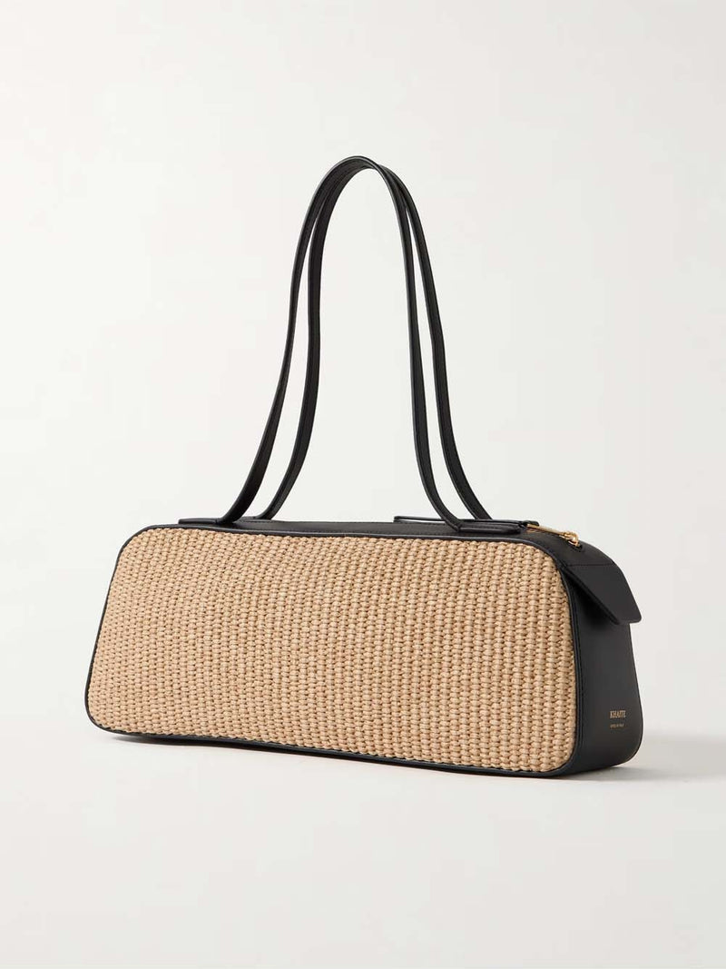 Simona Leather-trimmed Raffia Shoulder Bag