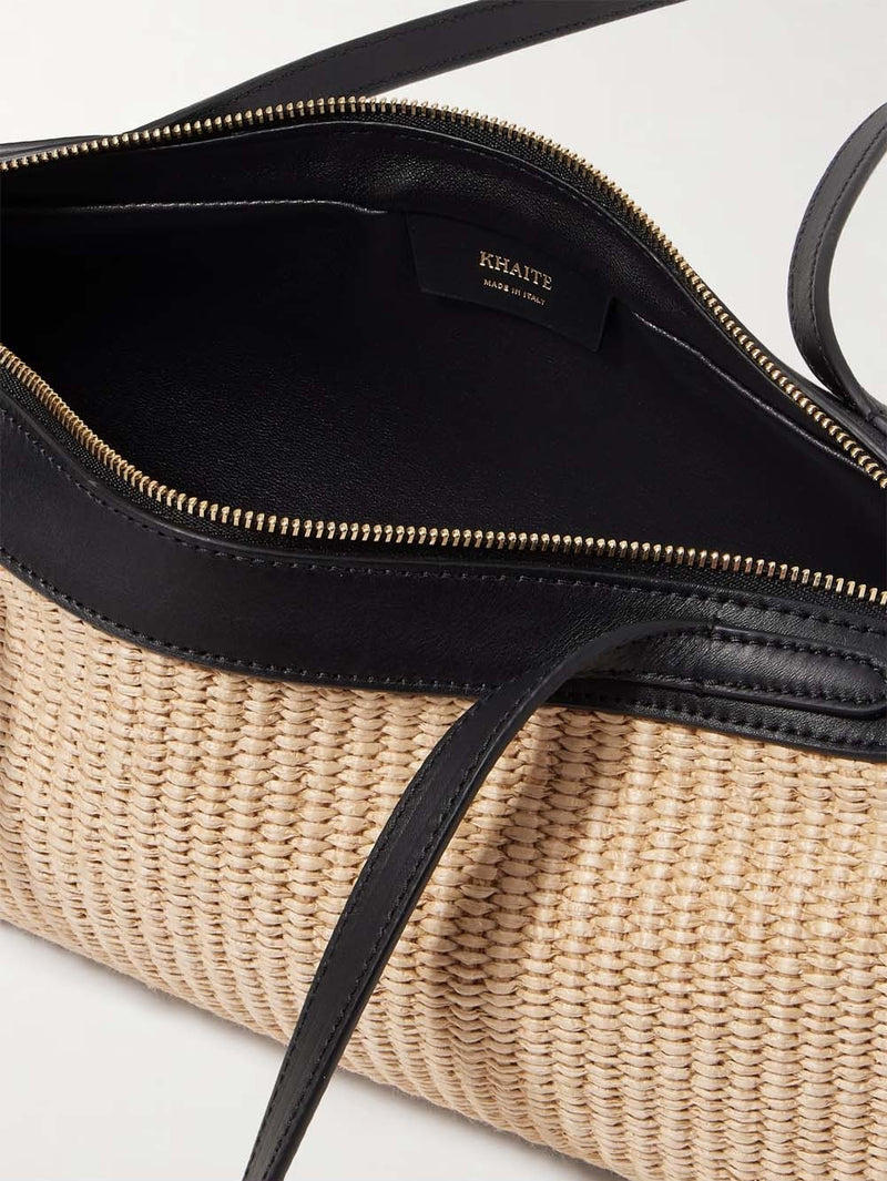 Simona Leather-trimmed Raffia Shoulder Bag